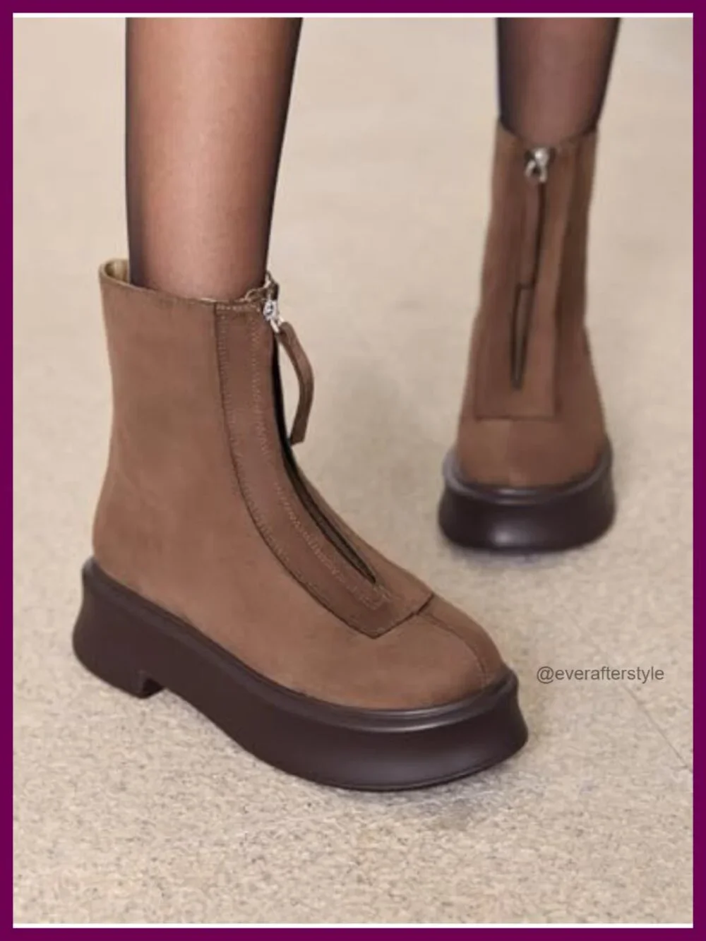 Women's Front Zip Ankle Boots Chunky Heel Platform Round Toe Faux Suede Winter